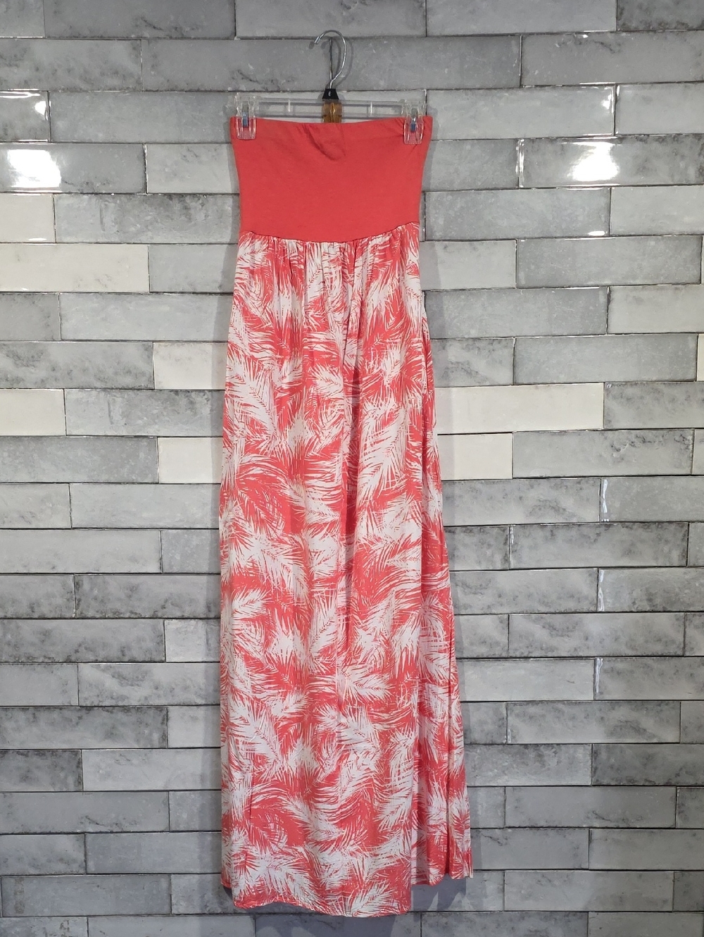 Splendid Coral and White Strapless Palm-Print Maxi Dress Size X-Small